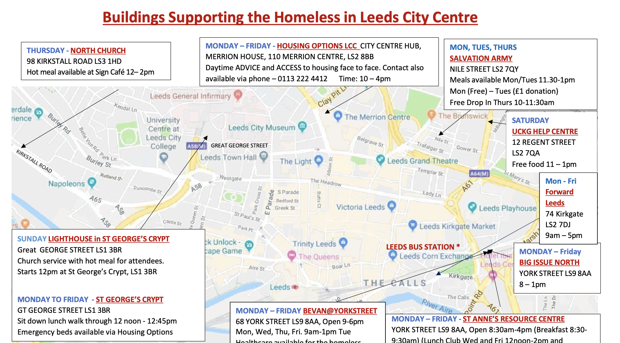 Map of food support services in Leeds city centre